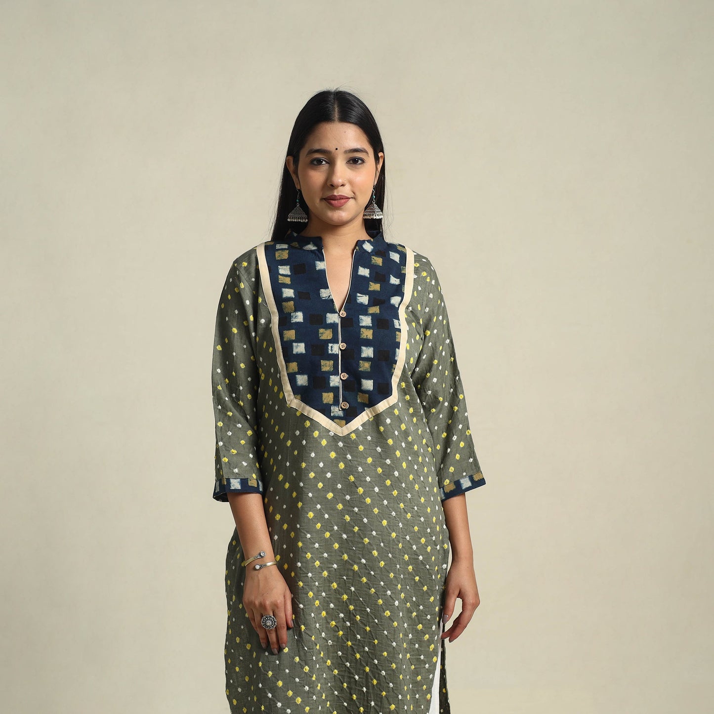 Grey Tie-dye Cotton Patchwork Straight Bandhani Kurta for Women