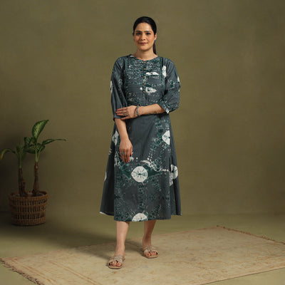 Green Tie-Dye Cotton Pintuck Shibori Dress