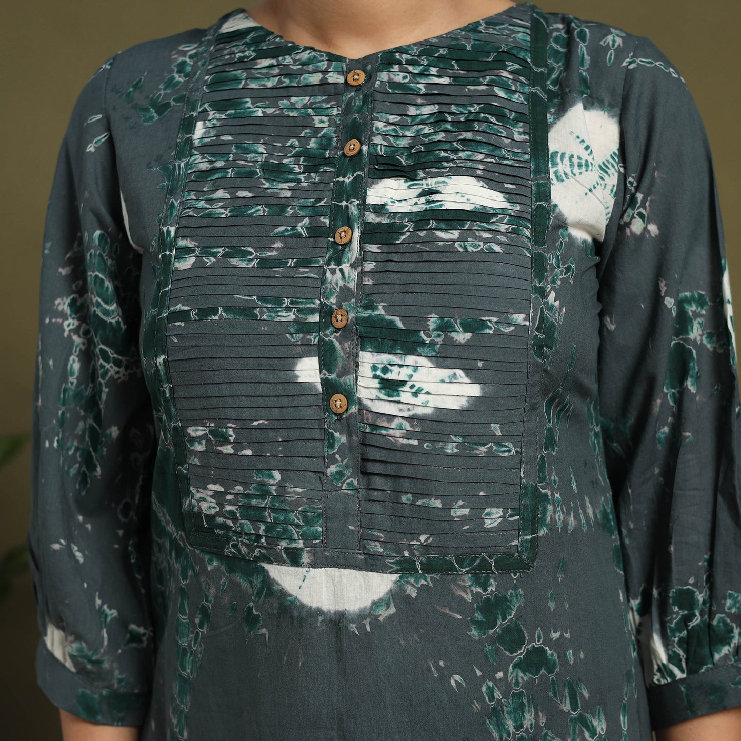 Green Tie-Dye Cotton Pintuck Shibori Dress