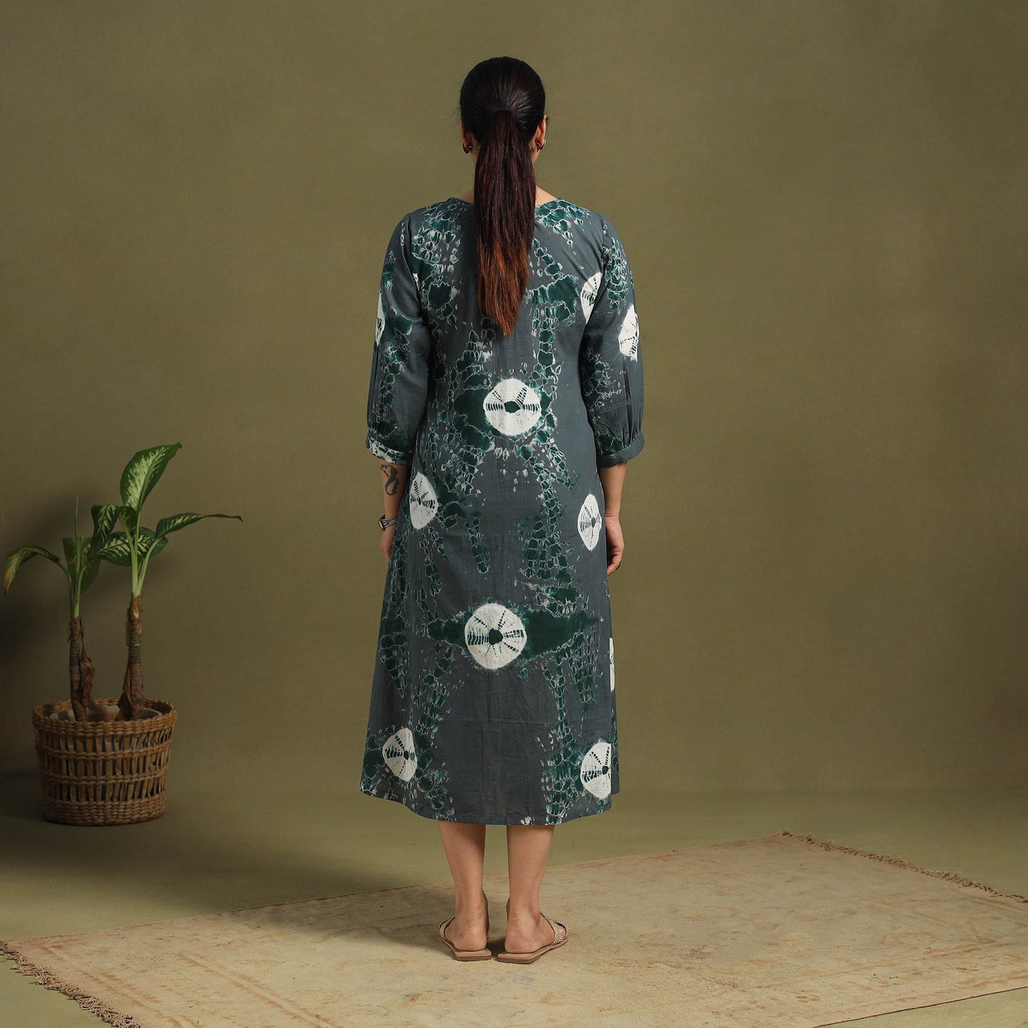 Green Tie-Dye Cotton Pintuck Shibori Dress