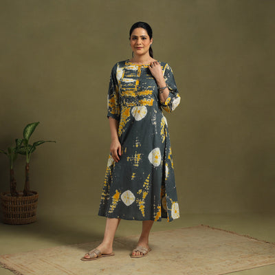 Grey Tie-Dye Cotton Pintuck Shibori Dress