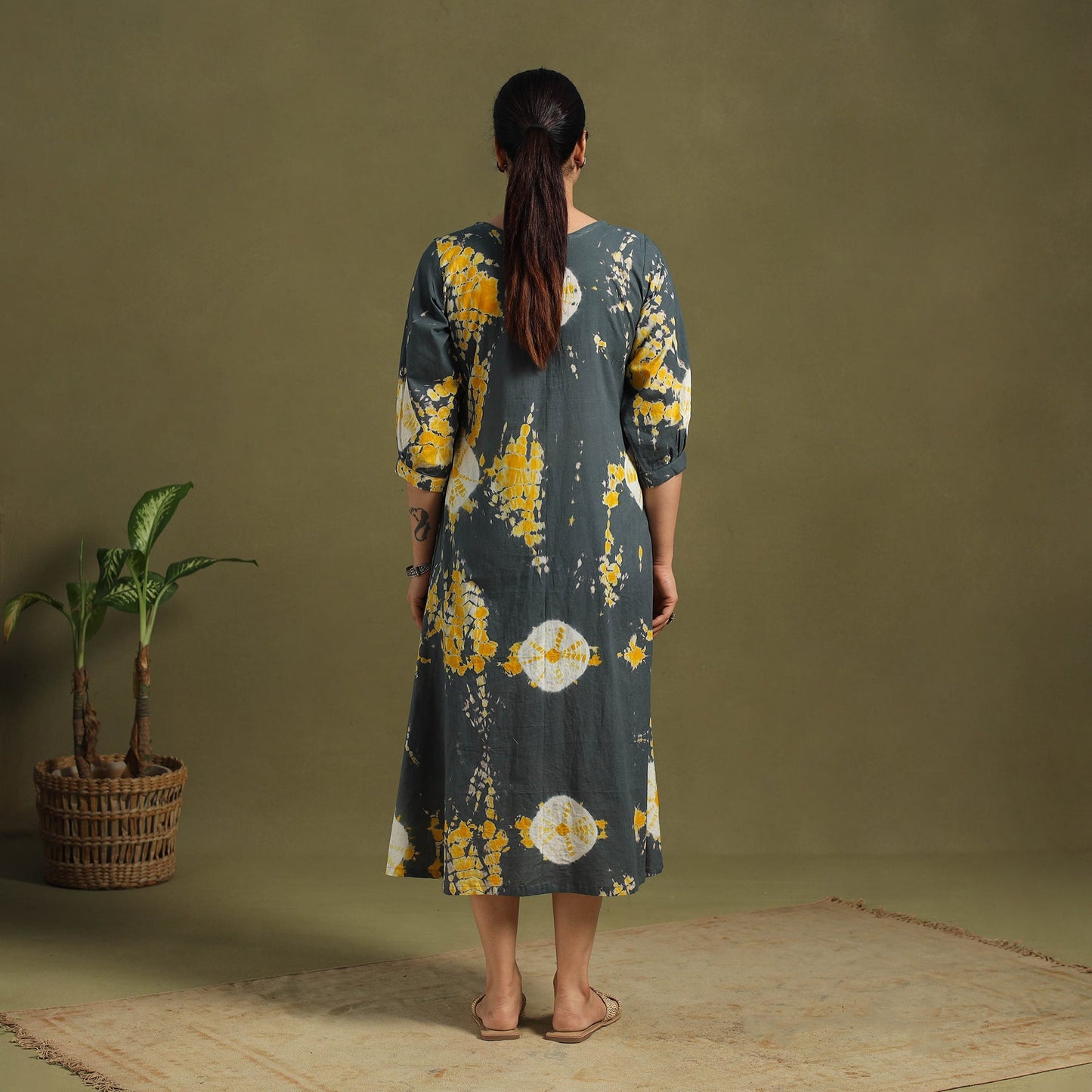 Grey Tie-Dye Cotton Pintuck Shibori Dress