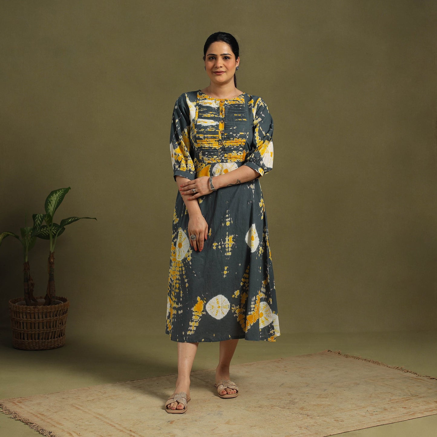 Grey Tie-Dye Cotton Pintuck Shibori Dress