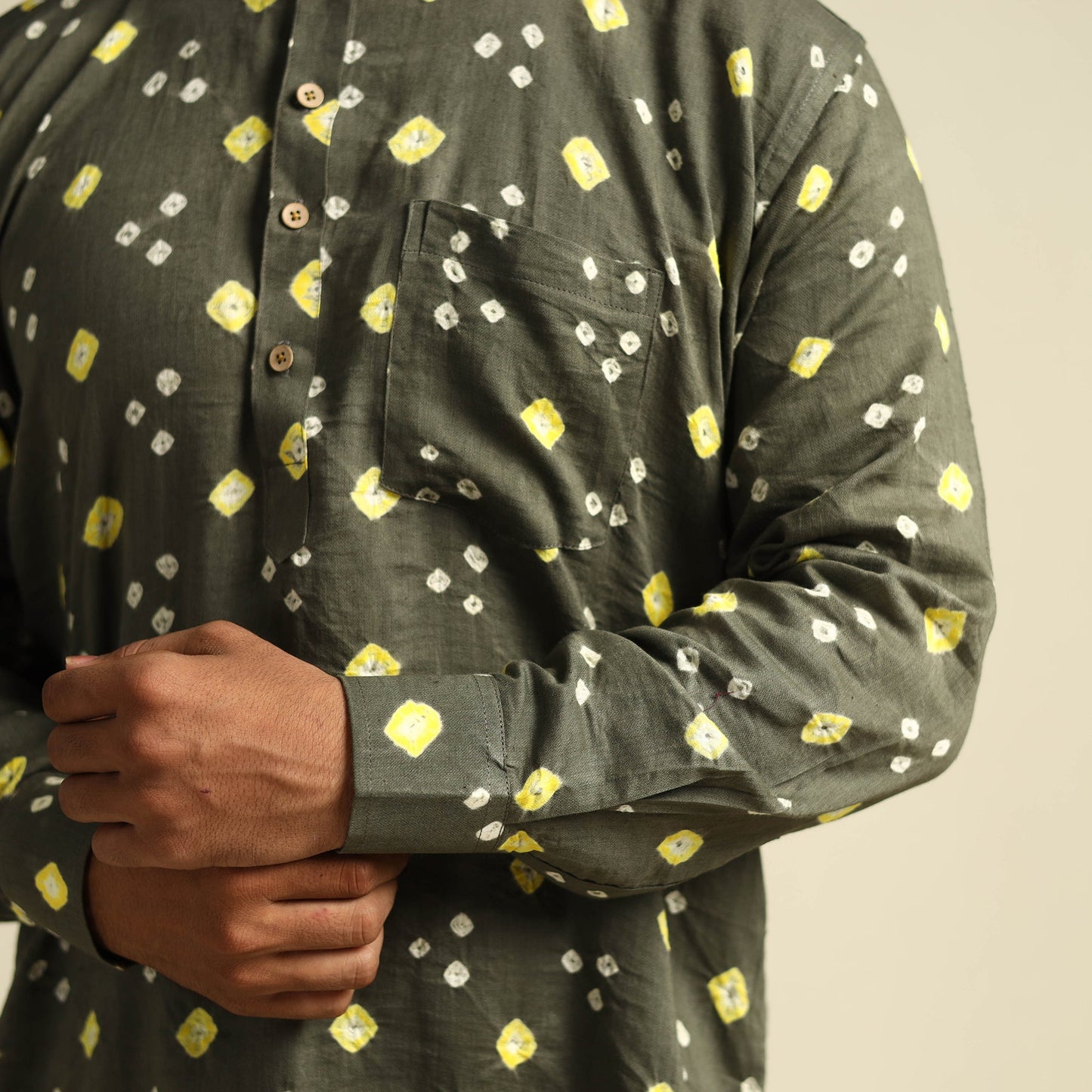  Grey Tie-Dye Cotton Short Bandhani Kurta for Men