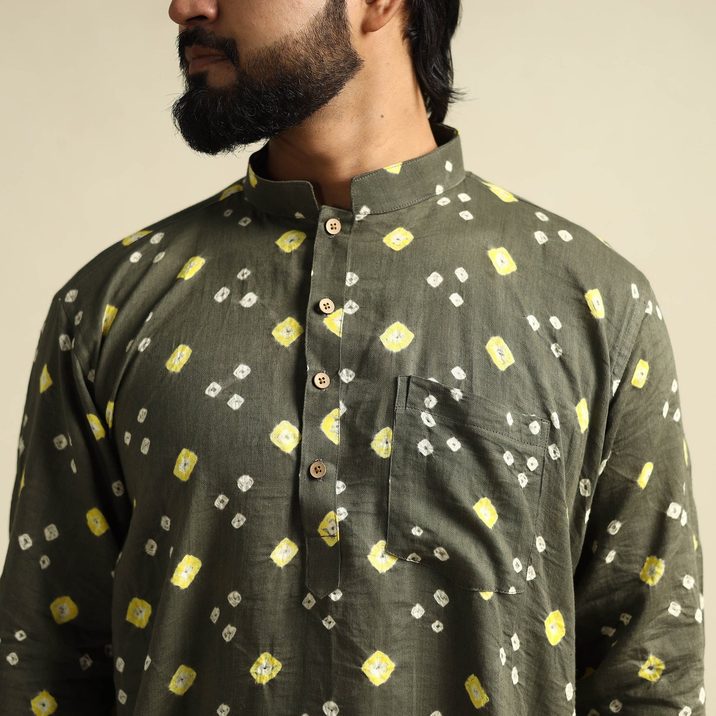  Grey Tie-Dye Cotton Short Bandhani Kurta for Men