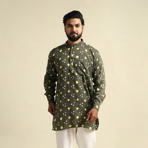  Grey Tie-Dye Cotton Short Bandhani Kurta for Men