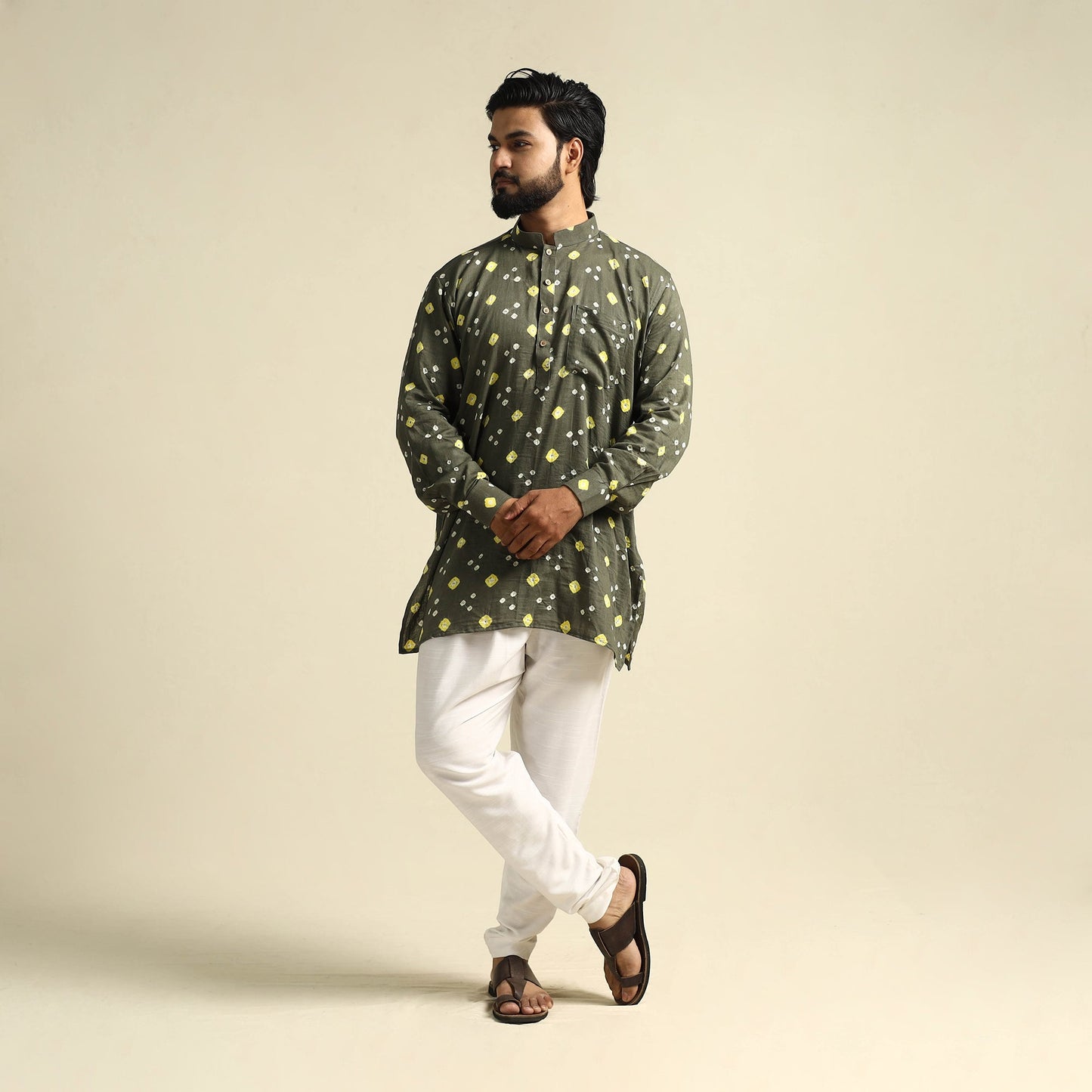  Grey Tie-Dye Cotton Short Bandhani Kurta for Men