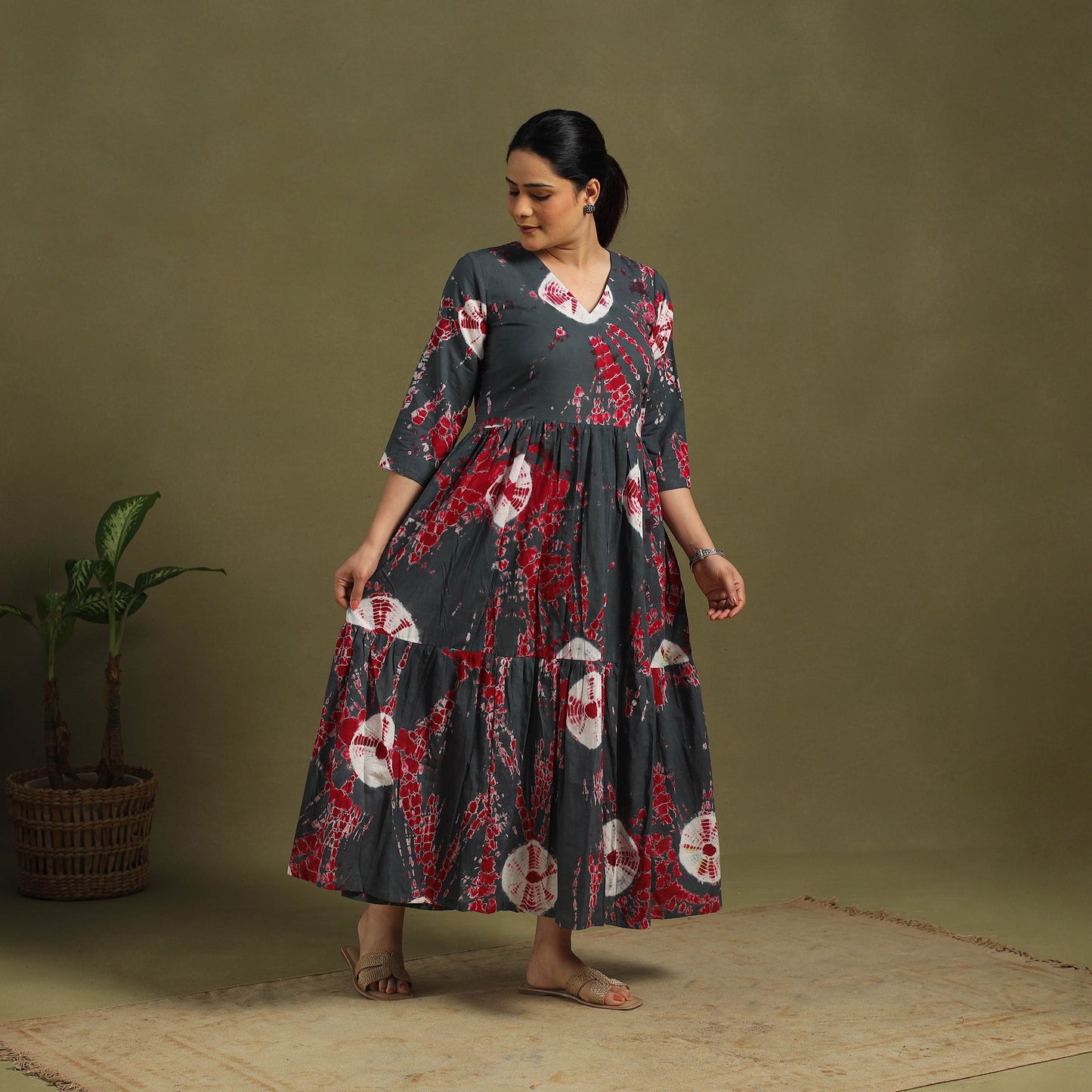 Grey - tie-dye cotton tiered shibori dress 07 - handcrafted