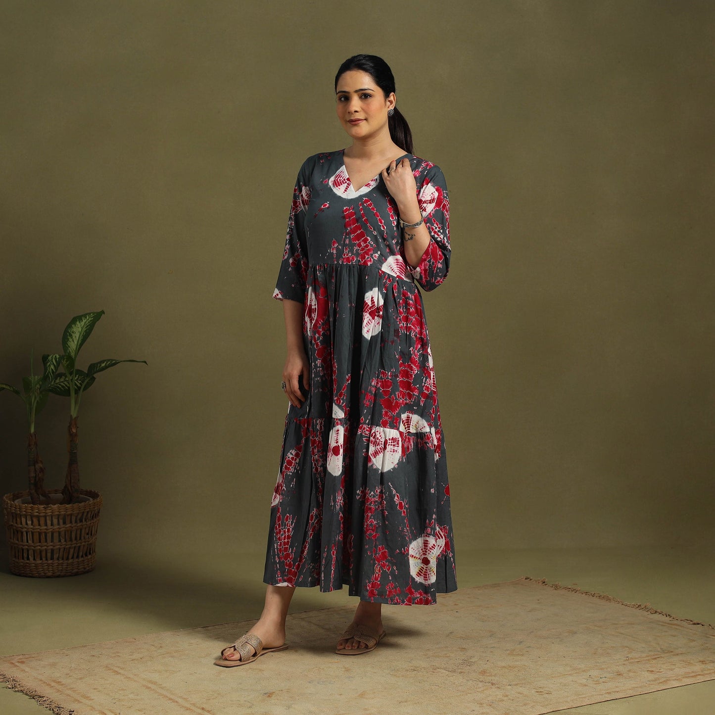 Grey - tie-dye cotton tiered shibori dress 07 - handcrafted