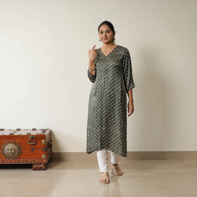 Grey Tie & dye Modal Silk Straight Bandhani Kurta for Women