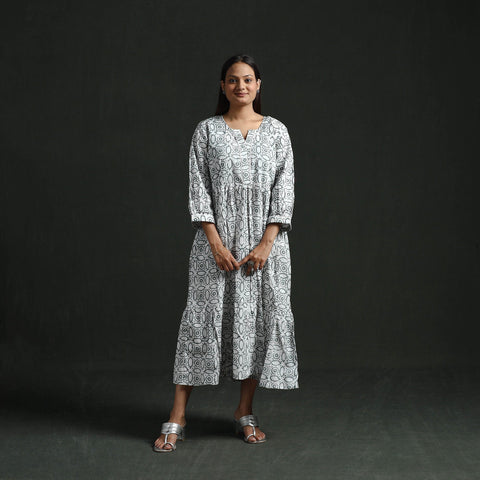 Tiered flared lace work cotton hand block batik print dress