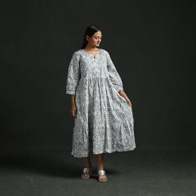 Tiered flared lace work cotton hand block batik print dress