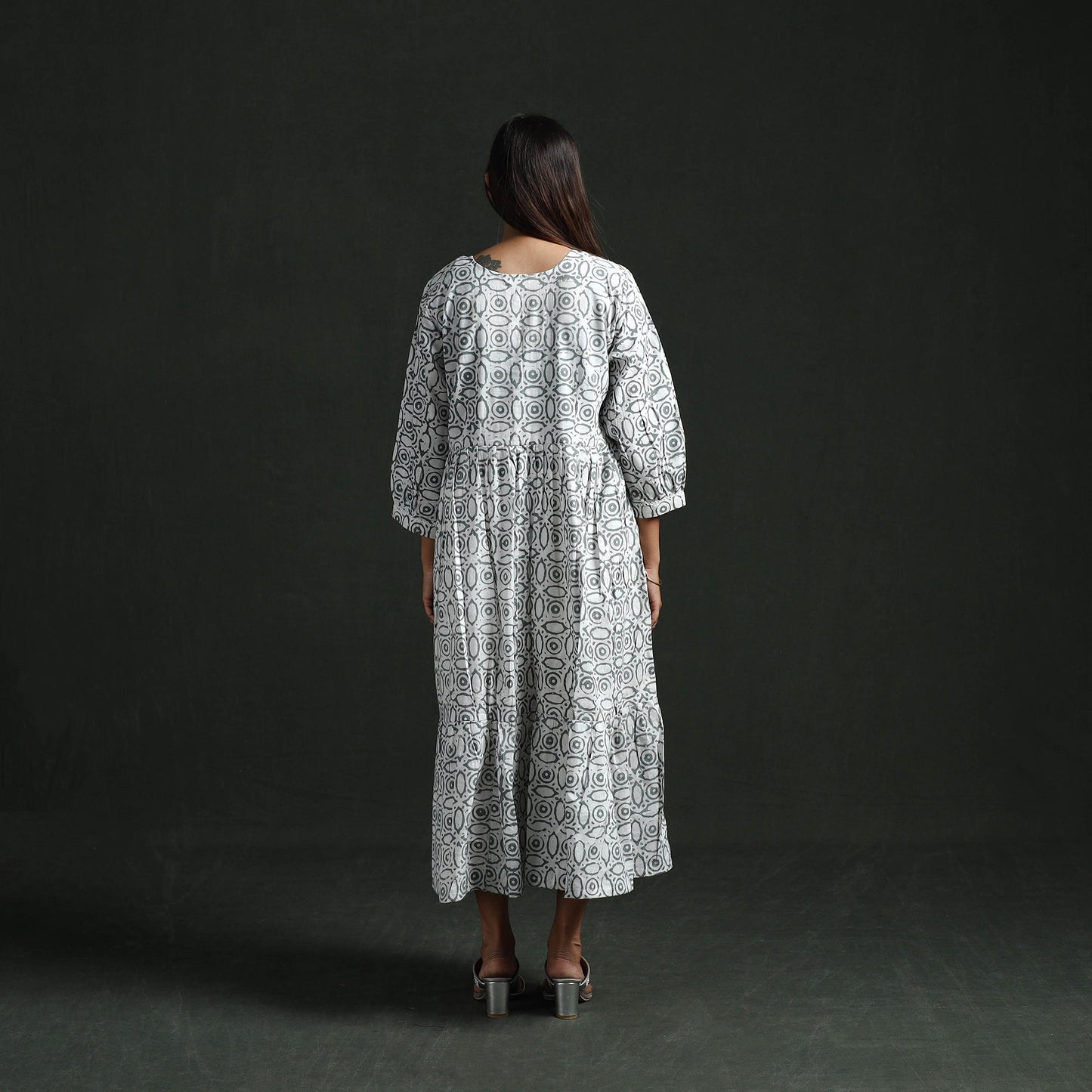 Tiered flared lace work cotton hand block batik print dress