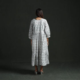 Tiered flared lace work cotton hand block batik print dress