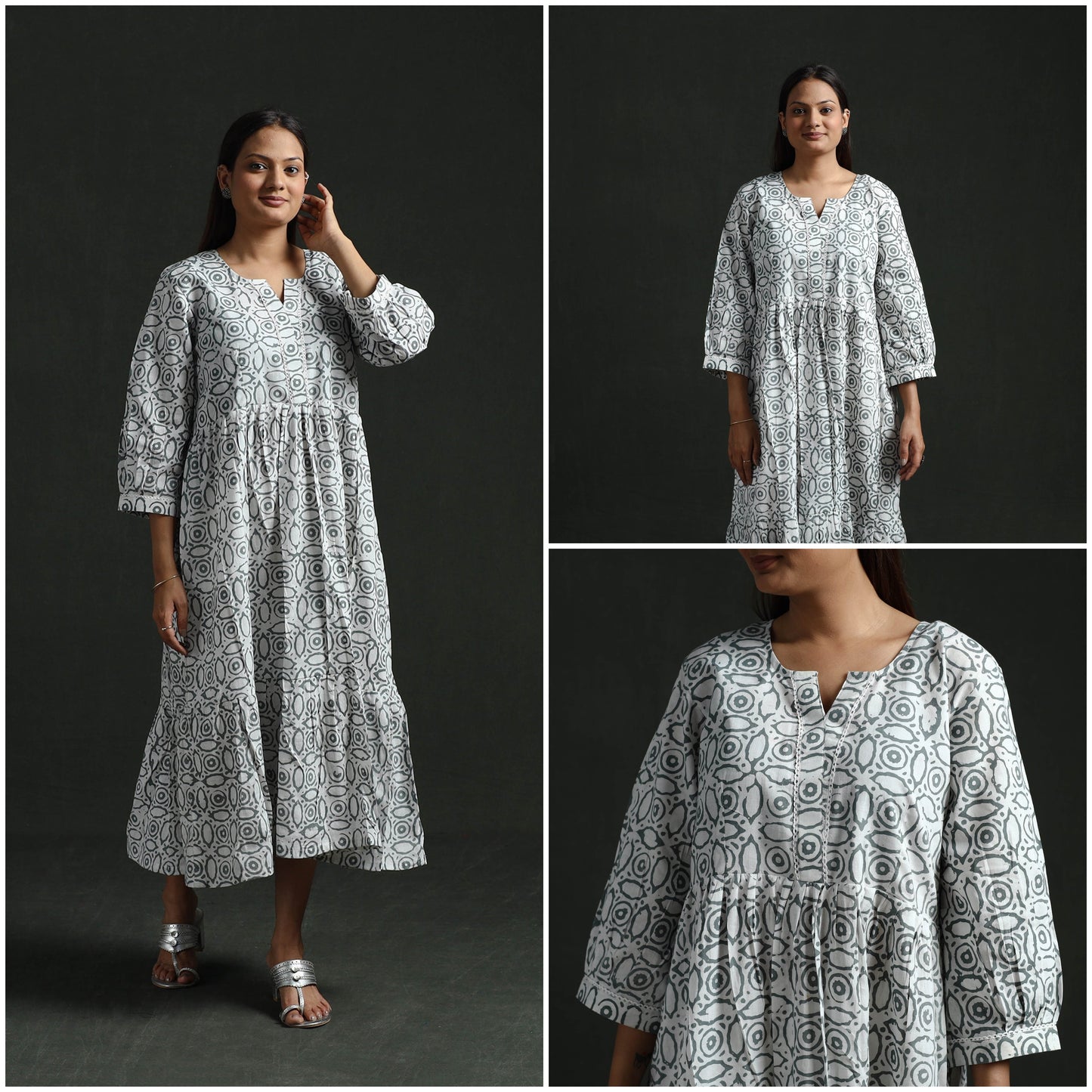 Tiered flared lace work cotton hand block batik print dress