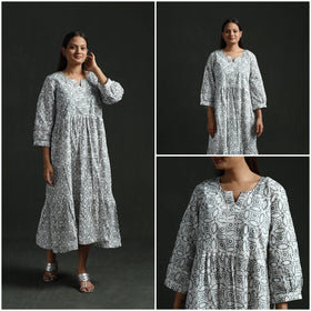 Tiered flared lace work cotton hand block batik print dress