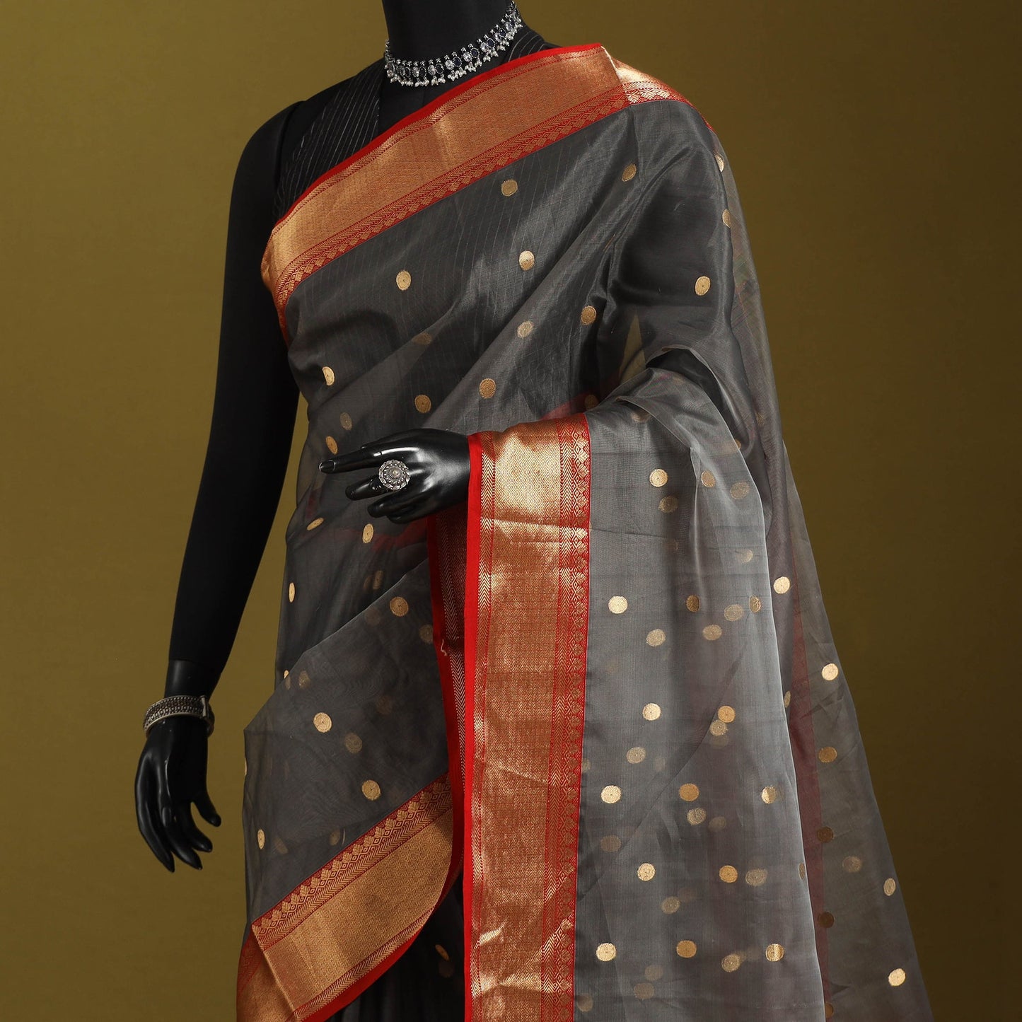 Grey - traditional handloom buti katan chanderi silk saree