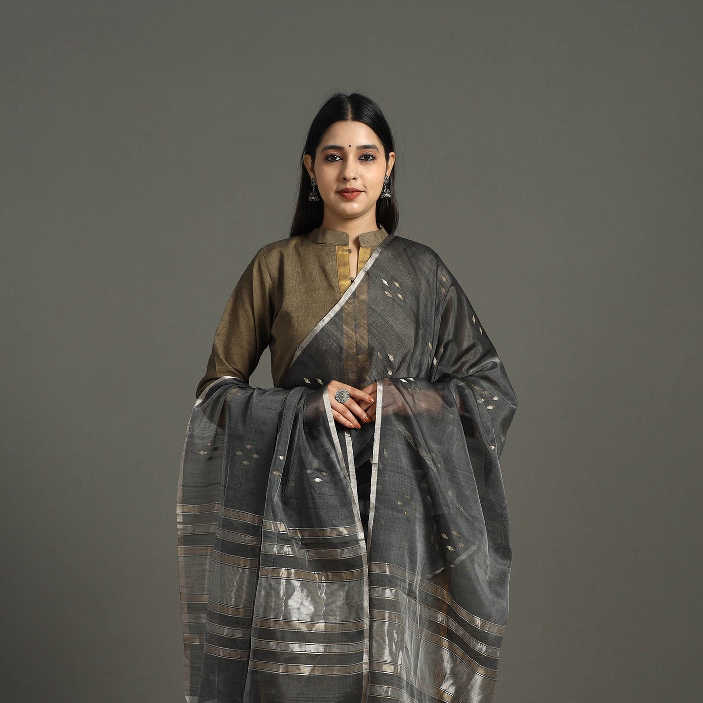 Grey - traditional silk handloom zari buti chanderi dupatta