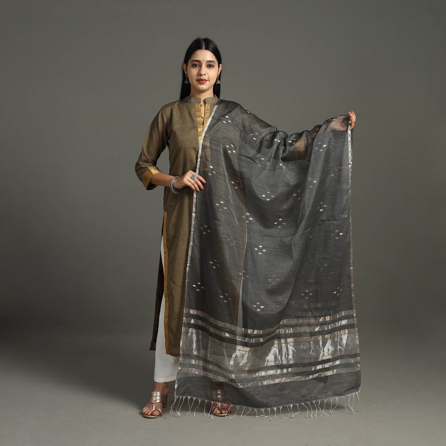 Grey - traditional silk handloom zari buti chanderi dupatta