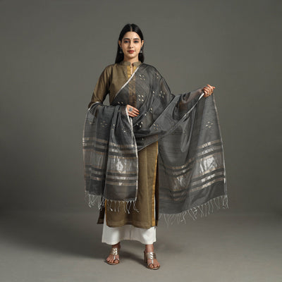 Grey - traditional silk handloom zari buti chanderi dupatta