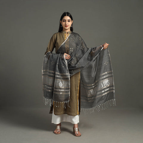 Grey - traditional silk handloom zari buti chanderi dupatta