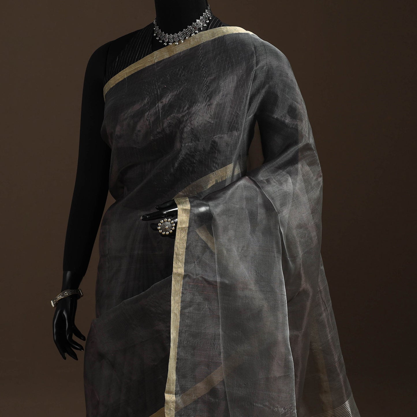 Grey - traditional tissue zari handloom chanderi silk saree
