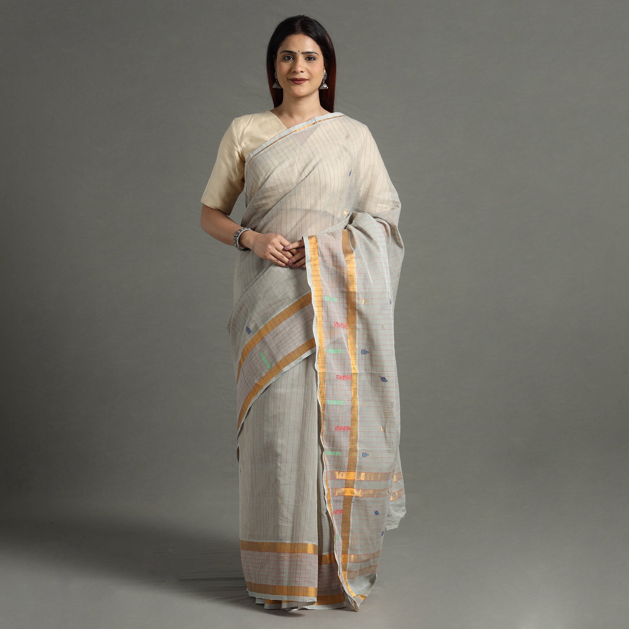  Traditional Venkatagiri Handloom Cotton Stripe Saree with Thread & Zari Buti 36 