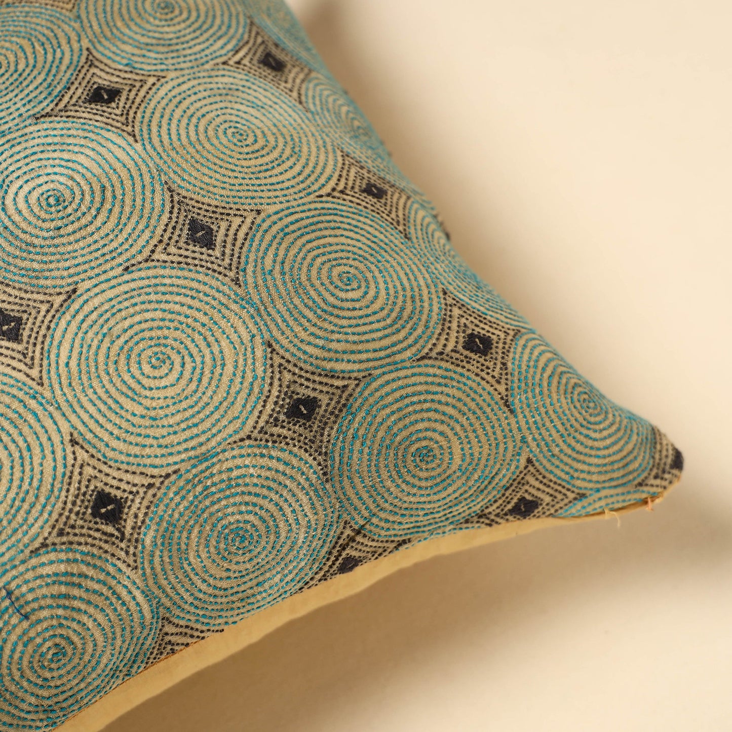 Grey - Tussar Silk Bengal Kantha Work Cushion Cover 16