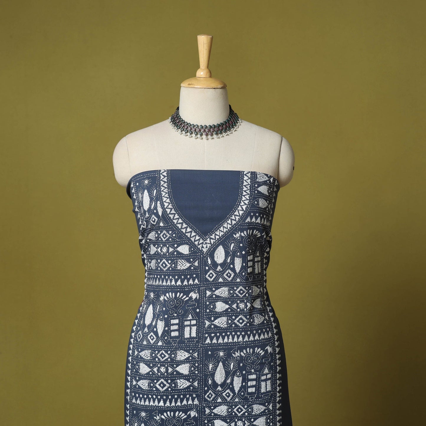 Grey - unstitched cotton bengal kantha handwork kurta