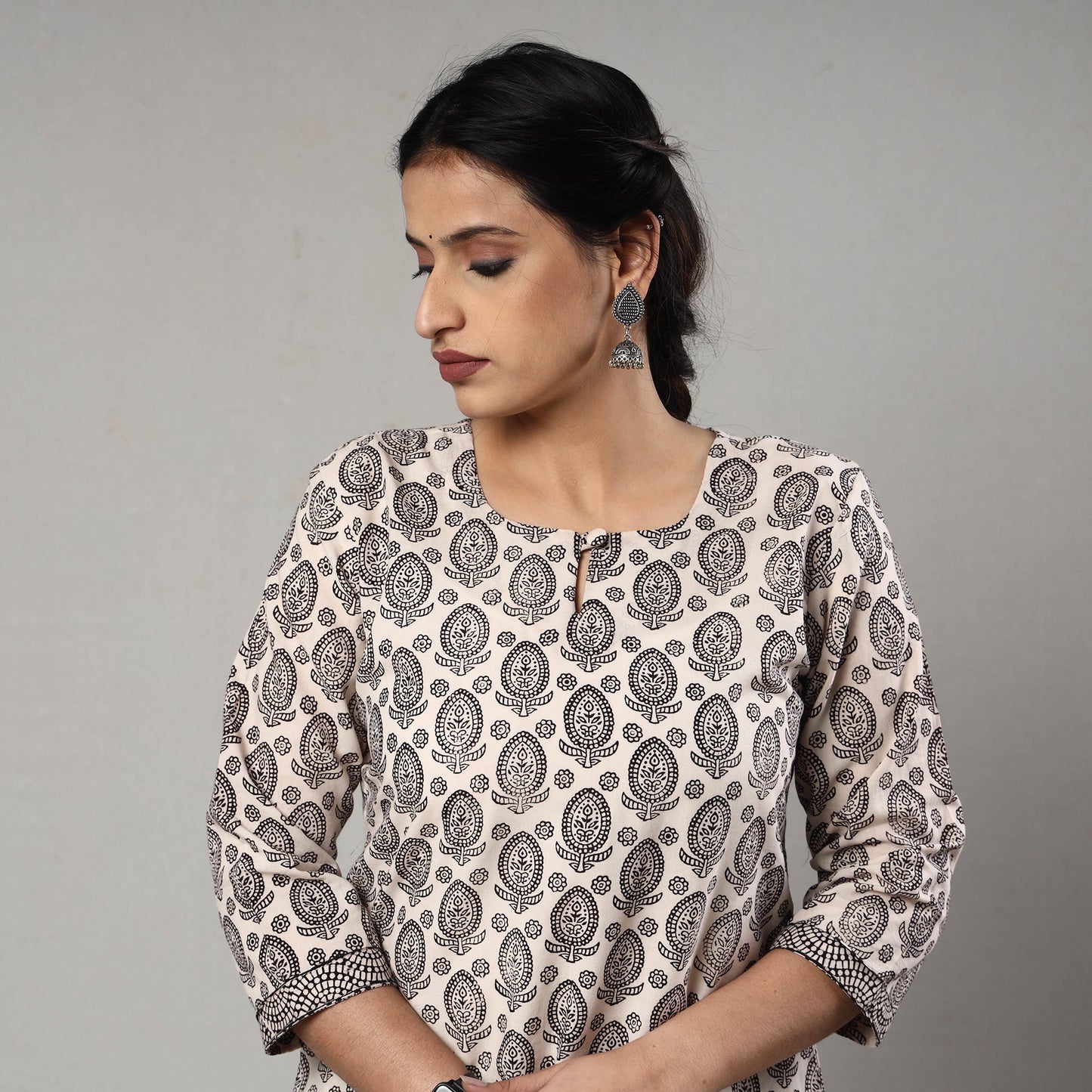 Grey - white & black bagh block printing cotton long kurta