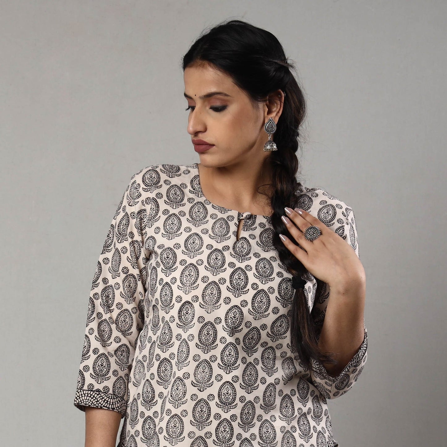 Grey - white & black bagh block printing cotton long kurta