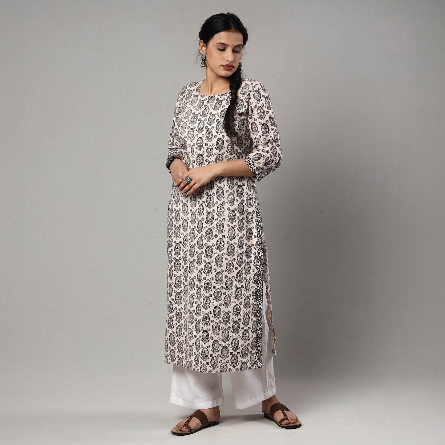 Grey - white & black bagh block printing cotton long kurta
