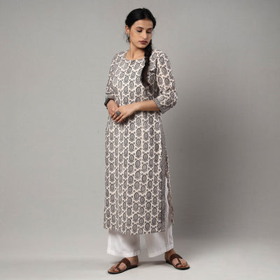Grey - white & black bagh block printing cotton long kurta