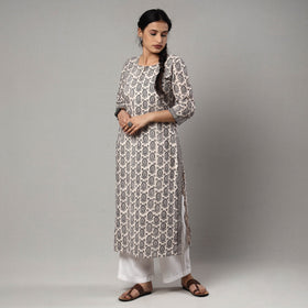 Grey - white & black bagh block printing cotton long kurta