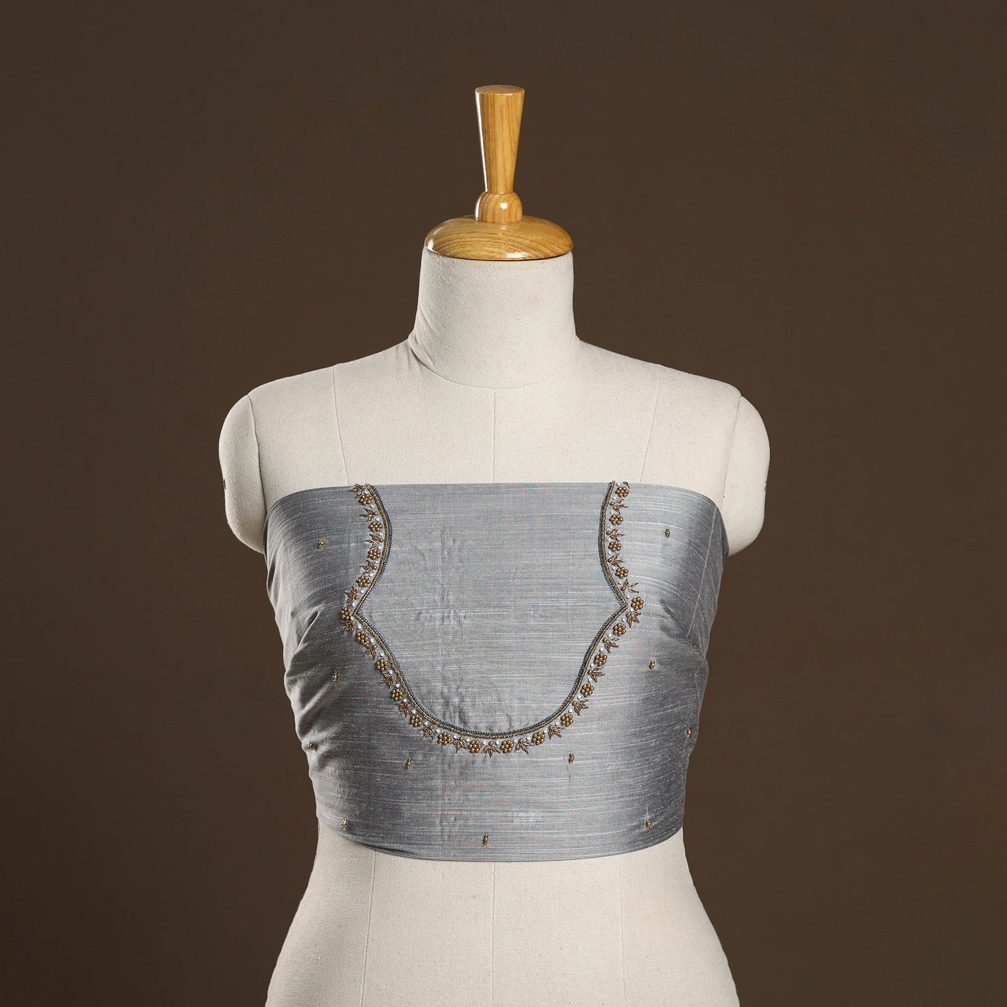 Grey - zardozi hand embroidery slub silk plain blouse piece