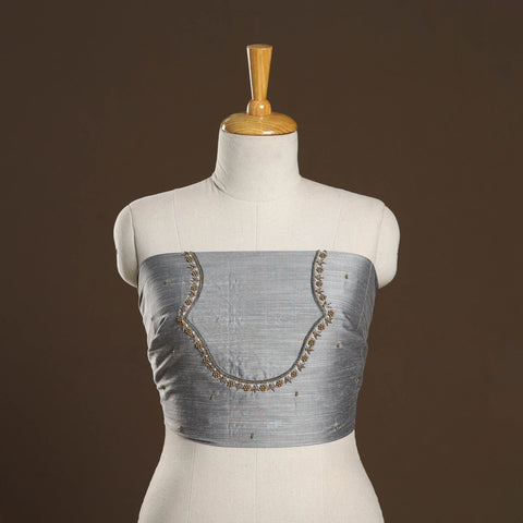 Grey - zardozi hand embroidery slub silk plain blouse piece