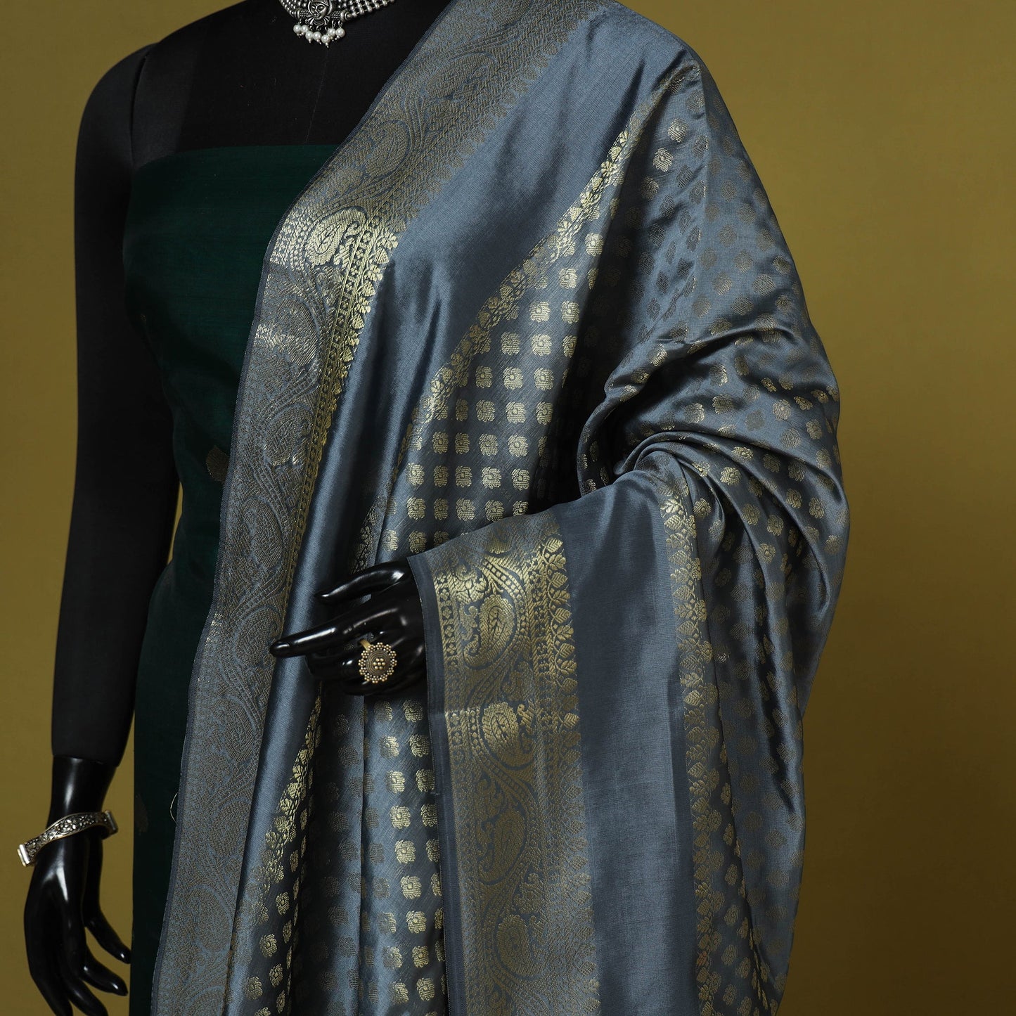 Grey - zari work banarasi silk dupatta 21 - handcrafted