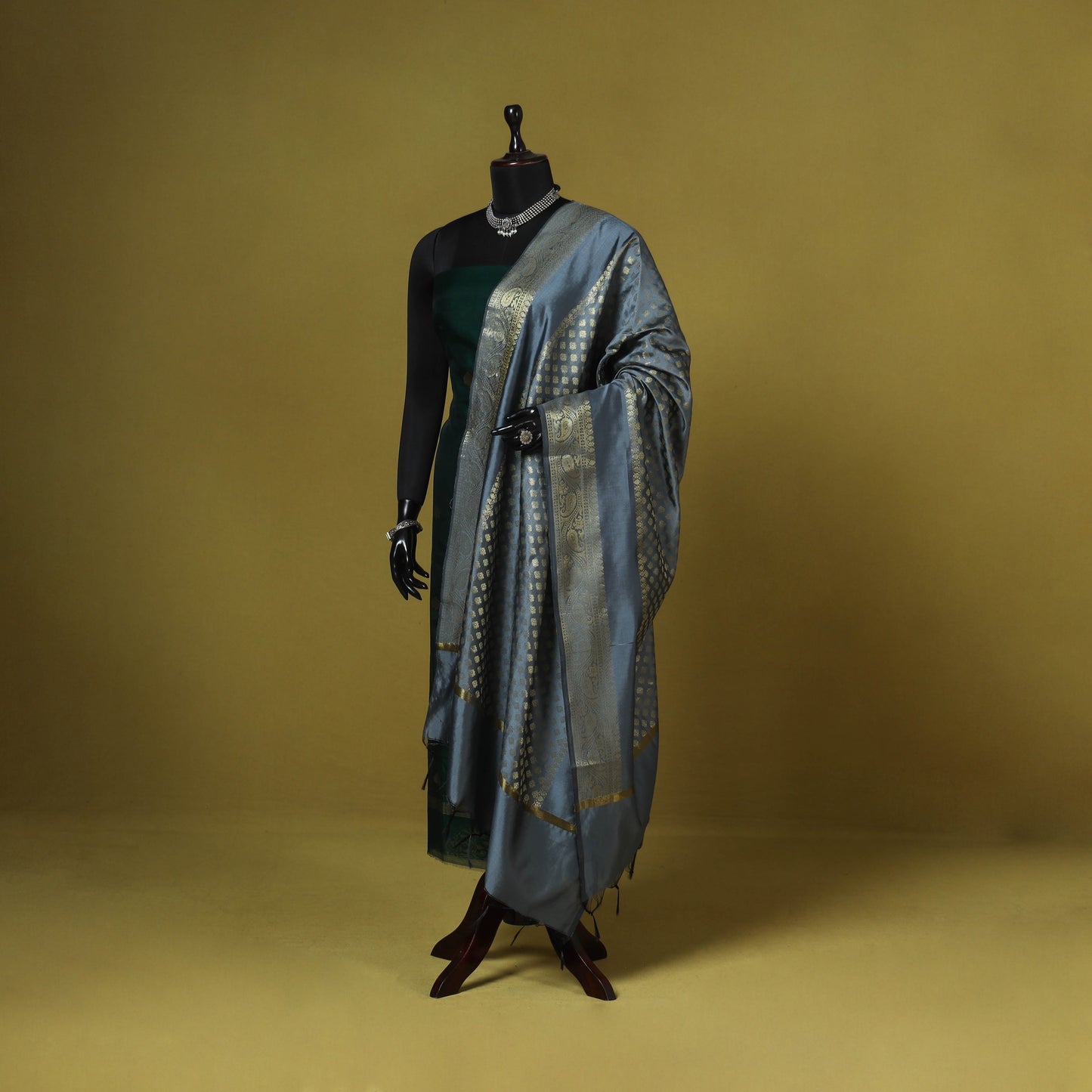 Grey - zari work banarasi silk dupatta 21 - handcrafted