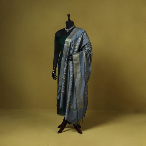 Grey - zari work banarasi silk dupatta 21 - handcrafted