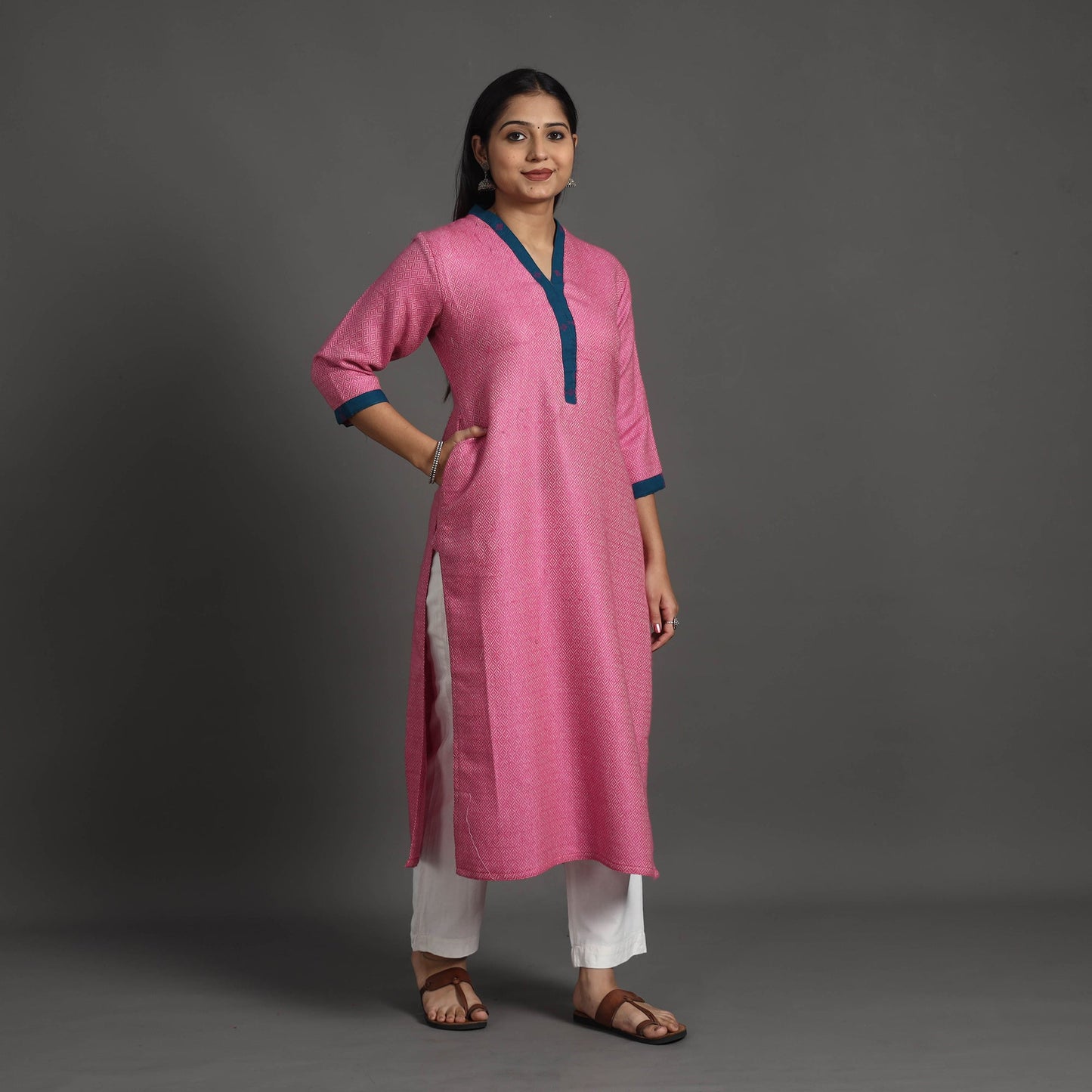 Gulnaaz pink merino woolen kurta - handcrafted