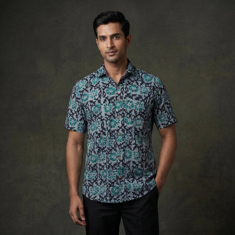 Half sleeve cotton men hand block batik print shirt 09