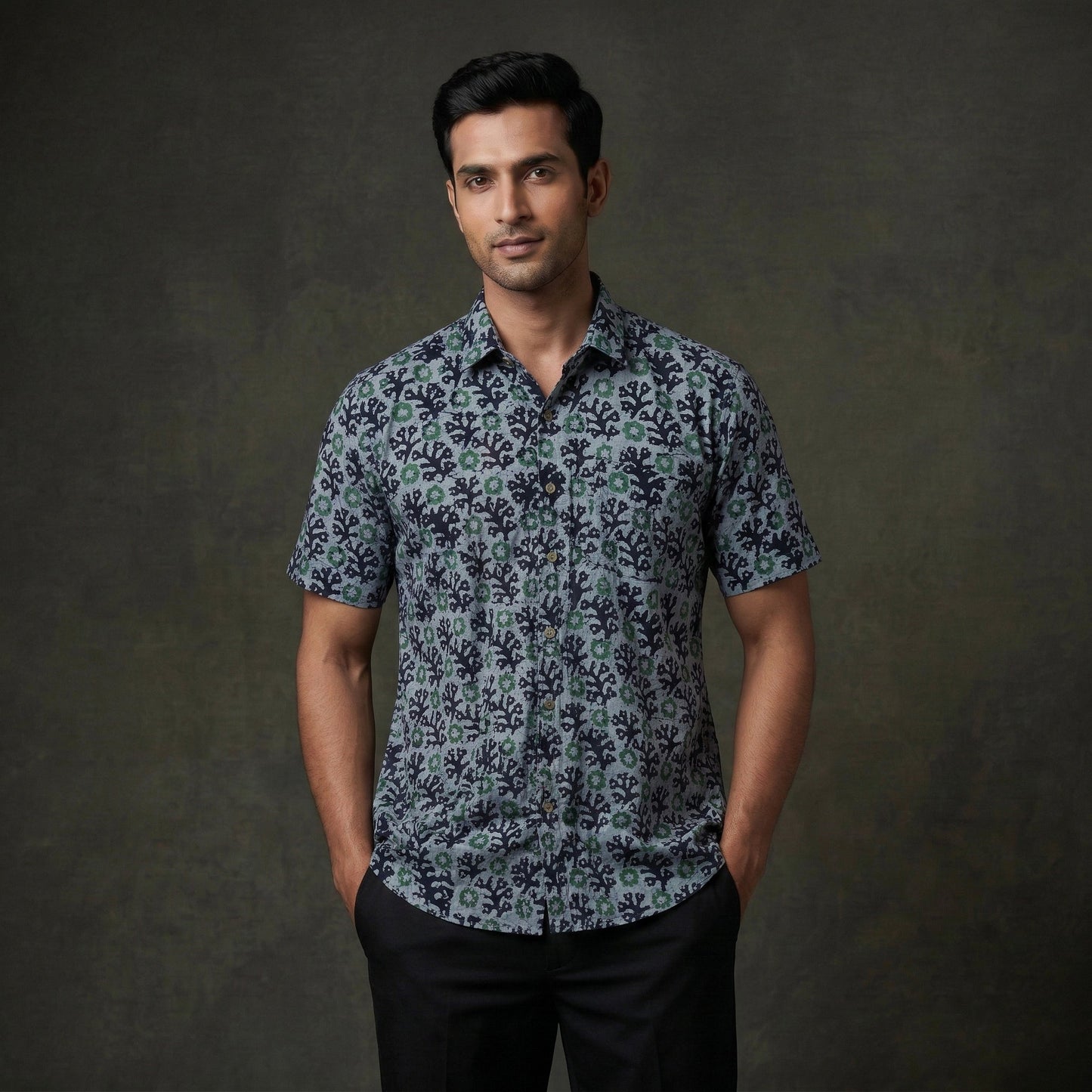 Half sleeve cotton men hand block batik print shirt 14