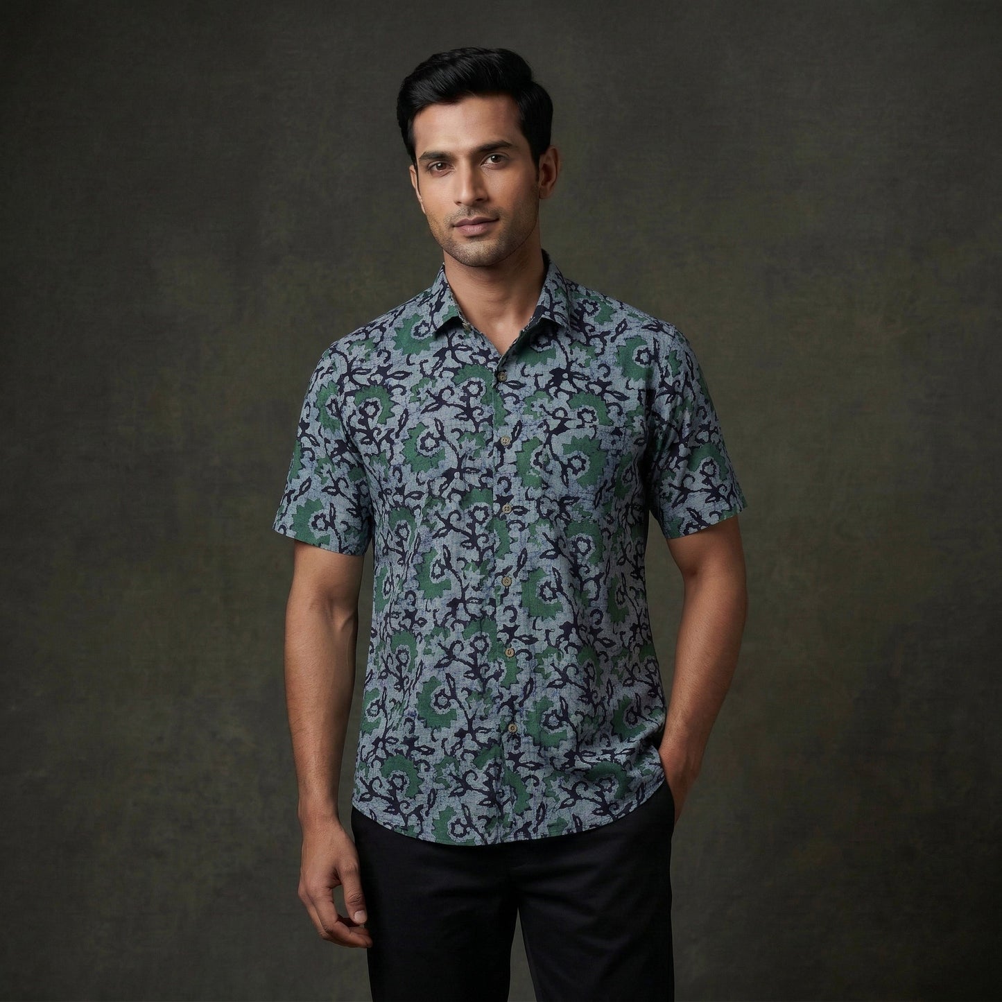 Half sleeve cotton men hand block batik print shirt 15