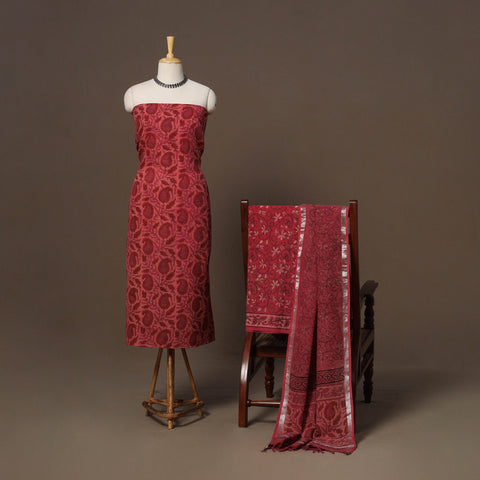 Hand block bagru print linen 3pc unstitched dress material