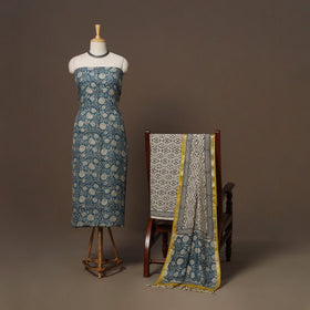 Hand block bagru print linen 3pc unstitched dress material