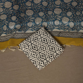 Hand block bagru print linen 3pc unstitched dress material