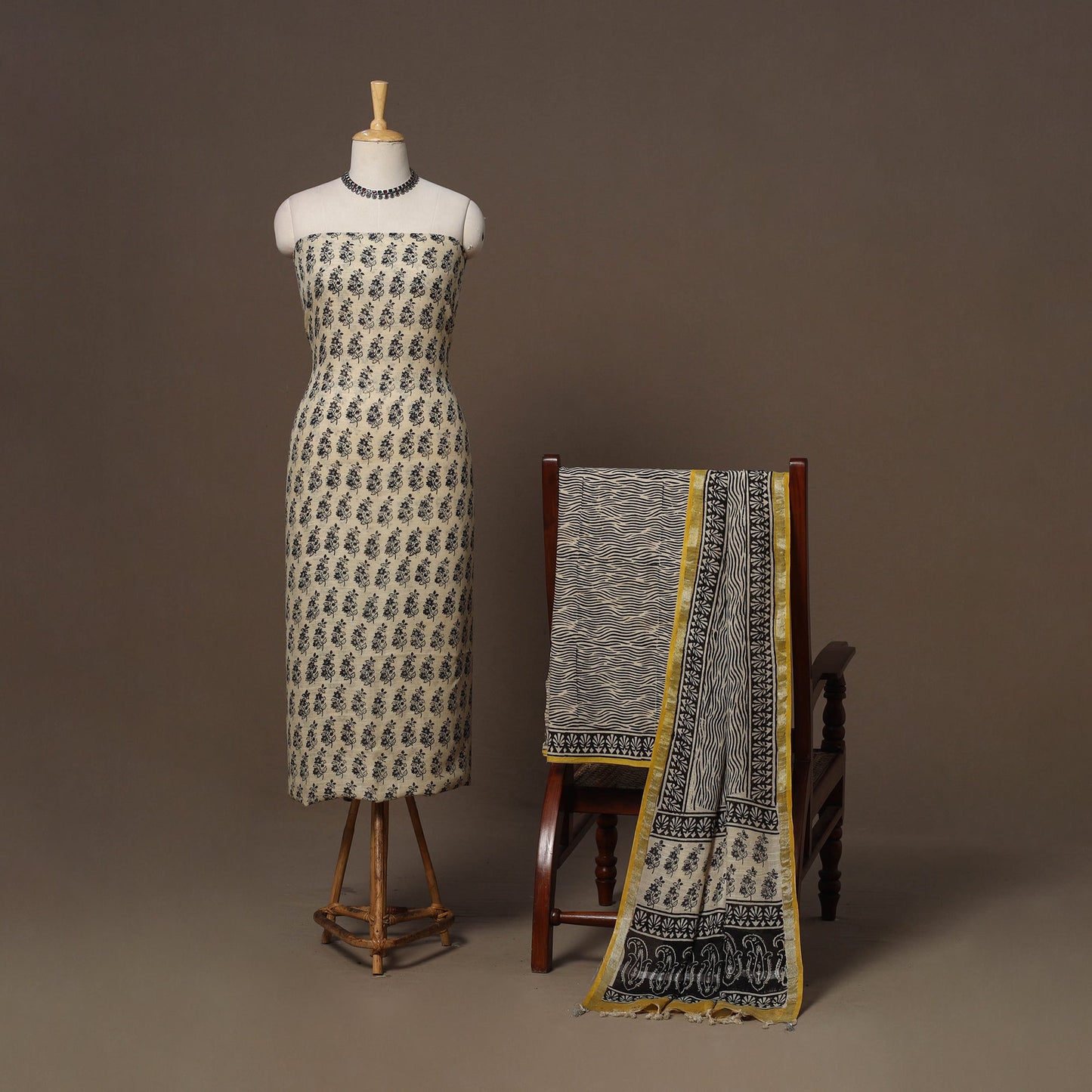 Hand block bagru print linen 3pc unstitched dress material