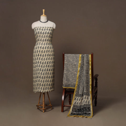 Hand block bagru print linen 3pc unstitched dress material