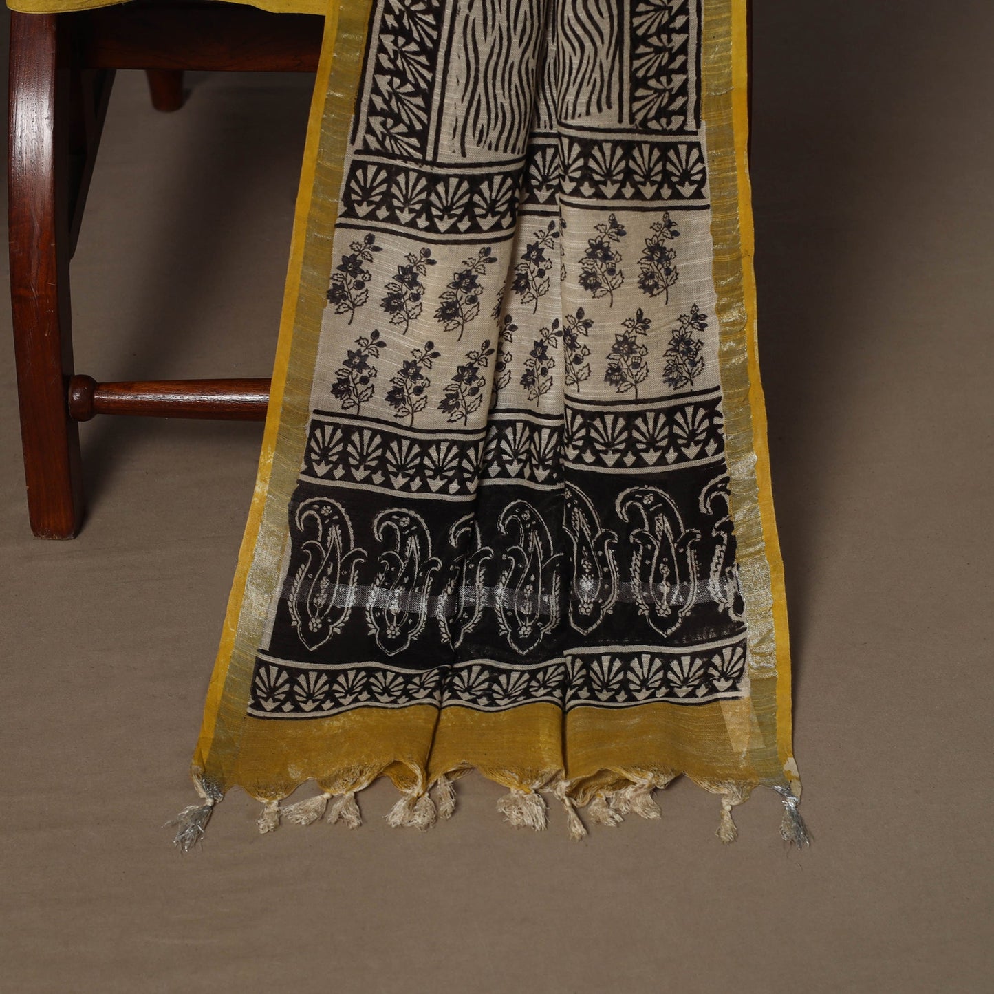 Hand block bagru print linen 3pc unstitched dress material