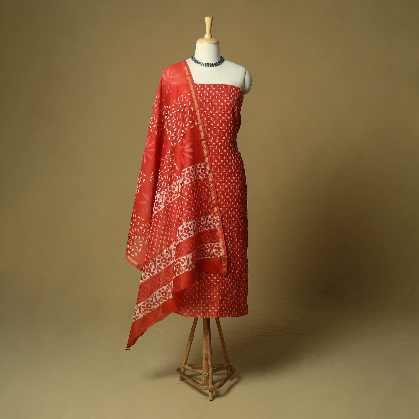 Hand block batik print chanderi silk 3pc unstitched dress